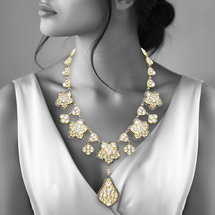 Victorian-Style Polki Necklace with Teardrop Pendant